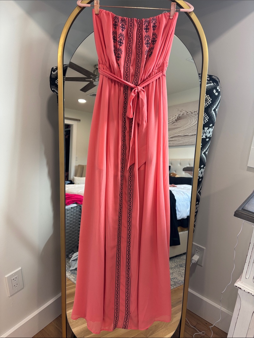 Strapless Coral Maxi Dress with Embroidered Trim